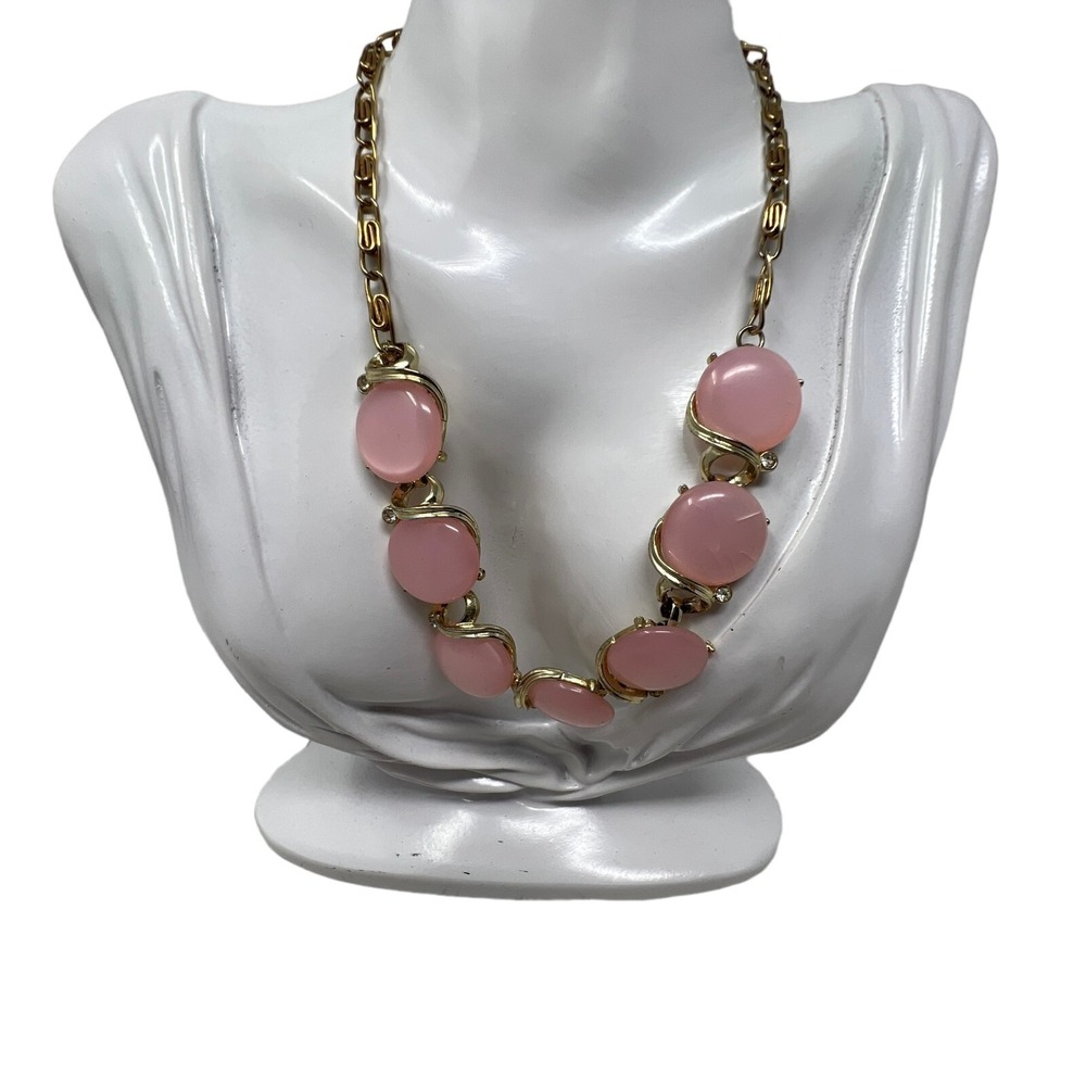 Vintage Lisner Necklace Pink Acrylic and‎ Clear Rhinestones Choker 16 inches